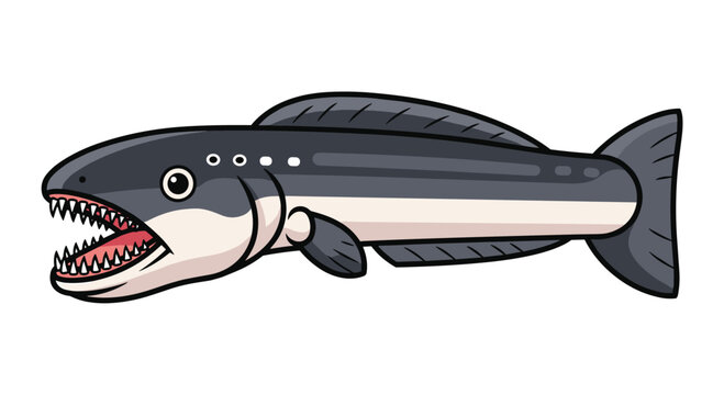Striking illustration of a deep-sea fangtooth fish, featuring an elongated body, menacing open mouth, and razor-sharp teeth, isolated on white.