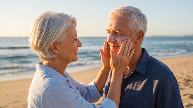 elderly couple enjoying sunset on the beach with woman applying sunscreen on man's face