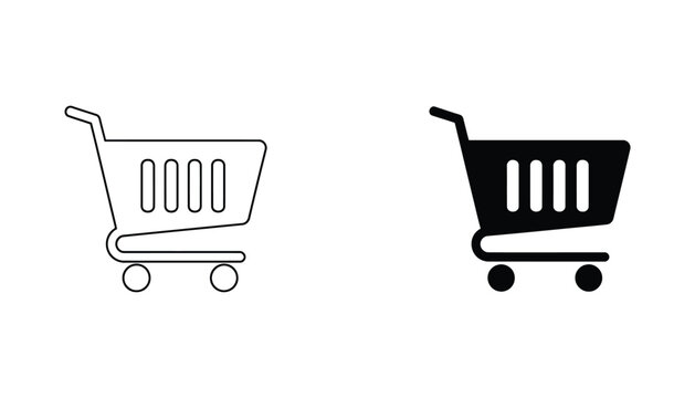 Shopping cart icon set for e-commerce and retail stores in clean line art and solid black style for web interface and mobile application checkout buttons