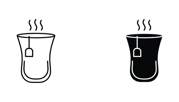 Steaming hot tea cup icon set with tea bag in line art and solid black style for cafe and restaurant beverage menu design and culinary graphic elements