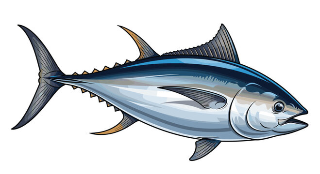 Powerful illustration of a sleek tuna fish, showcasing its muscular, torpedo-shaped body, dark blue back, and sharp fins, swimming rapidly.