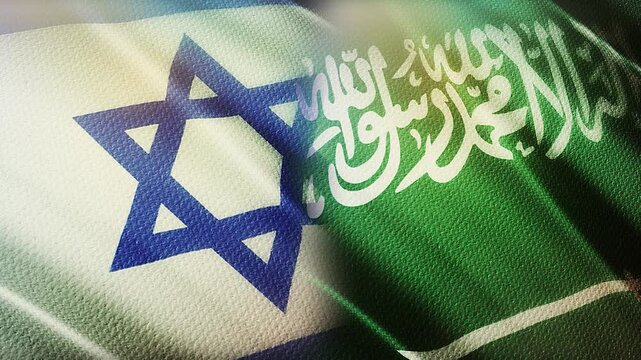 Israel and Saudi Arabia Flags Waving Side by Side in Wind &ndash; Diplomacy, Middle East Relations and Geopolitical Concept
