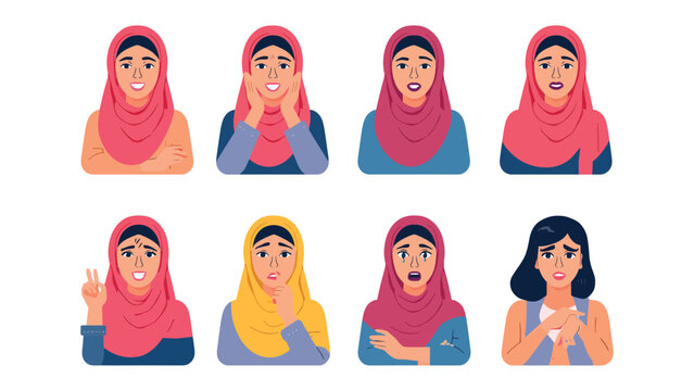 Expressing Emotions: A vibrant display of a person in hijab, showcasing a spectrum of feelings. Each depiction of the individual in hijab tells a story.
