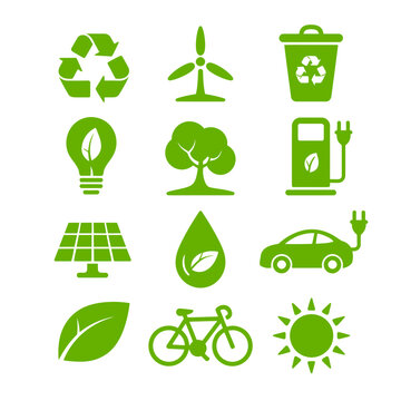 Collection of eco friendly icons representing sustainable living and green energy solutions