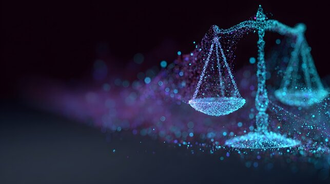 Glowing blue scales of justice on dark background with purple light