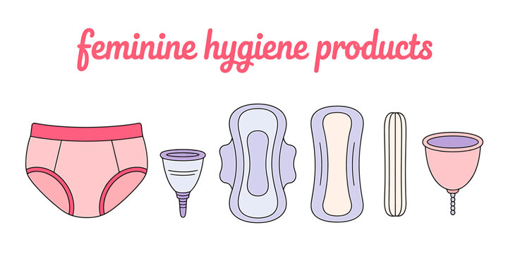 Illustrated collection of various feminine hygiene products for educational use