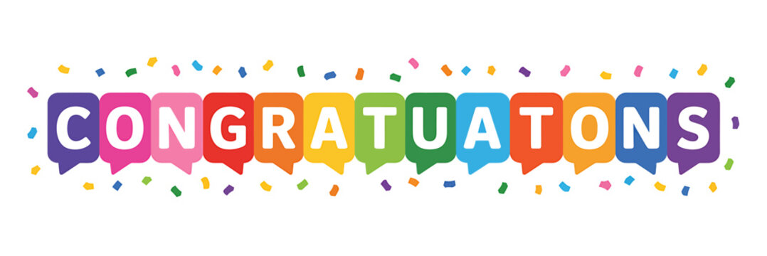 Colorful congratulations message with speech bubbles and confetti design