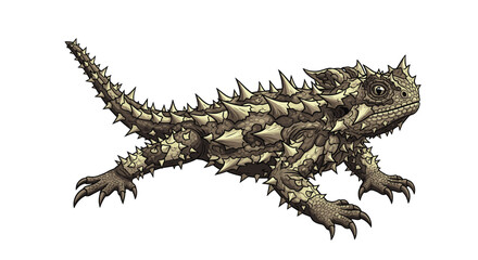 Fototapeta premium Incredible illustration of a thorny devil lizard, showcasing its spiky, camouflaged body and alert expression, walking in the desert.
