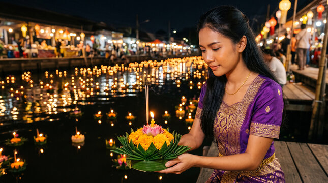 young asian woman celebrating loi krathong festival night with floating lanterns on river