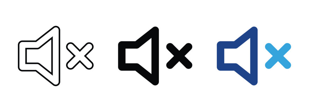 Audio speaker mute icons with volume symbol and cross mark for silent mode settings in outline solid and colorful styles.