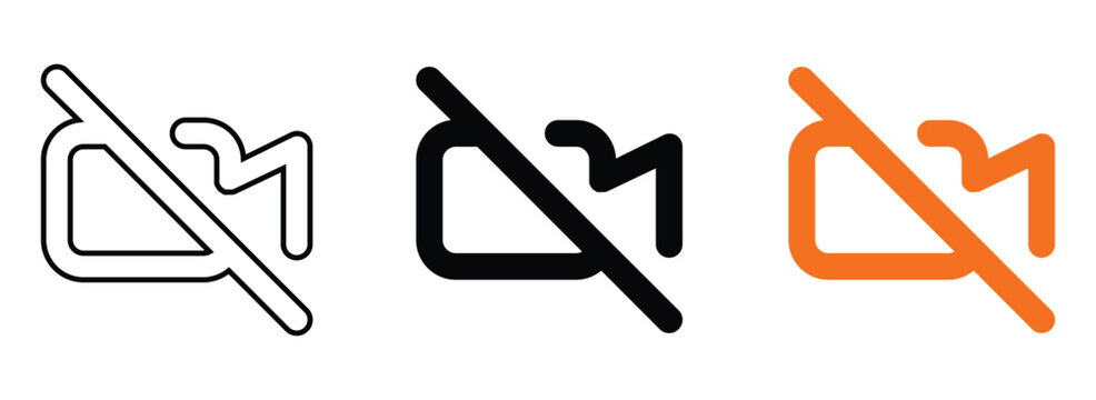 Video camera off icons with strike through line for disabled recording and no filming in outline solid and orange styles.