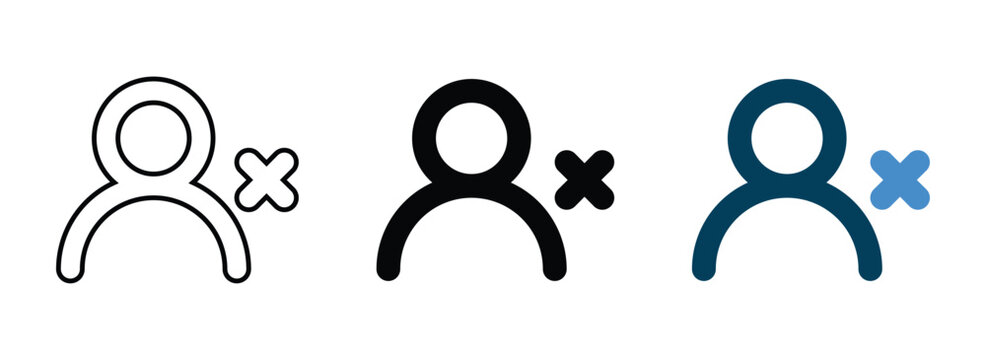 Set of human user profile delete or block icons with person symbol and cross mark in outline solid and colorful styles.