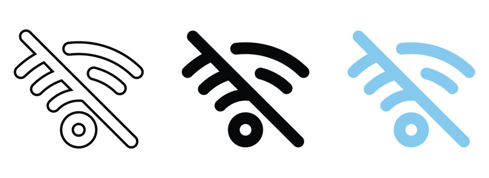Wifi connection error icons with signal bars and strike through line for no internet access in outline and blue styles.