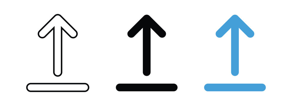 Upload arrow icon outline filled black and blue symbolizing data transfer loading and internet connection.