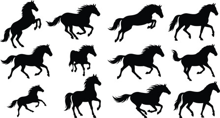 Obraz premium Set of eleven black horse silhouettes in different poses with black and white