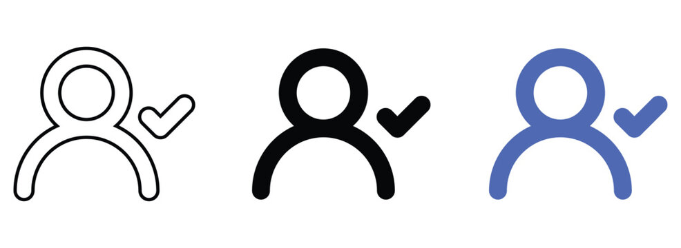 User account with check mark indicating verified profile or successful registration isolated on white background icon set.
