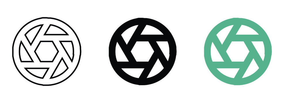 Camera aperture diaphragm outline filled and colored abstract photographic icon.