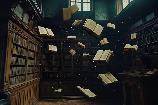 Mystical library filled with flying books creating an atmosphere of mystery