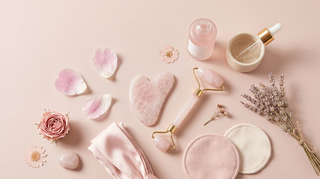 flat lay of pink skincare tools and flowers on pastel background for beauty wellness concept