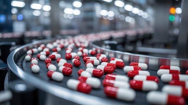 Red and white capsules on a conveyor belt in a pharmaceutical factory