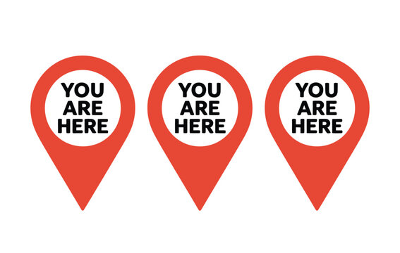Three red map location pointer icons with you are here text