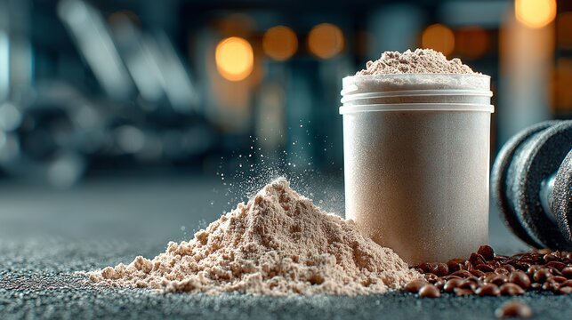 A protein powder scoop and pile sit next to coffee beans and a dumbbell in a gym.