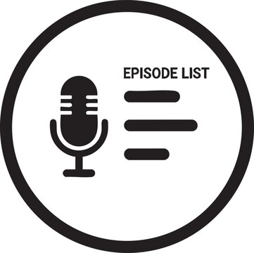Microphone icon with episode list text in a circle for podcast and audio content
