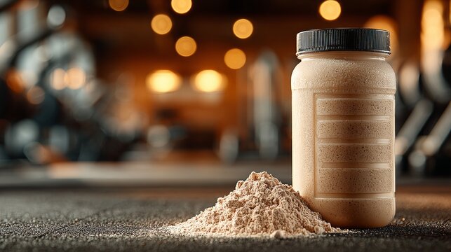 A container and a pile of protein powder on a gym floor, emphasizing sports nutrition for muscle recovery and fitness growth.