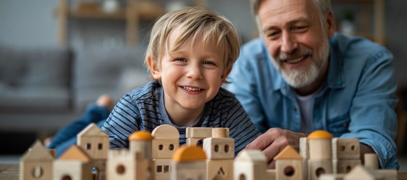Father and son building wooden block city on living room floor