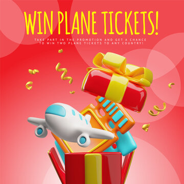 A 3D advertising banner featuring a flying airplane and tickets from an open red gift box.