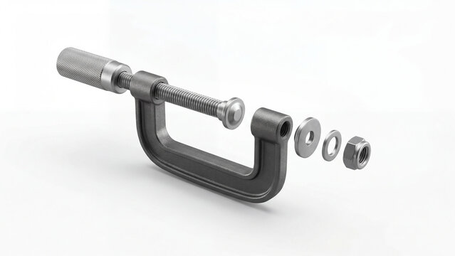 Close up of a c clamp and disassembled hardware against a white background