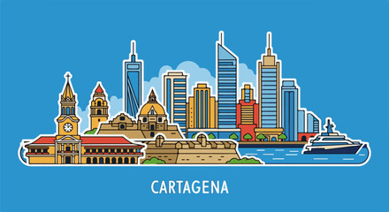 Fototapeta premium A stylized city skyline featuring historic architecture and modern skyscrapers