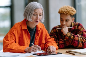 Fototapeta na wymiar Older woman instructing teen boy using tablet at table