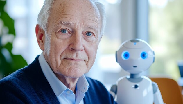 Homme &acirc;g&eacute; assis &agrave; c&ocirc;t&eacute; d'un petit robot compagnon humano&iuml;de