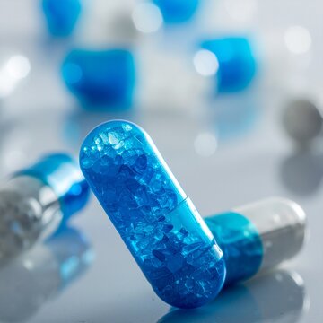 Macrophotographie de capsules m&eacute;dicales bleues avec granul&eacute;s de cristal sur fond brillant
