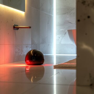 Diffuseur de parfum design avec lumi&egrave;re rouge dans une salle de bain moderne