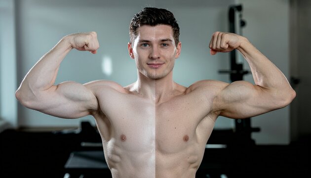 Comparaison avant et apr&egrave;s transformation physique d'un homme muscl&eacute;