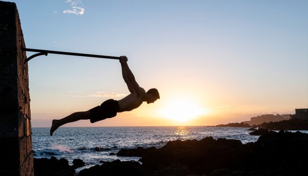 Homme muscl&eacute; pratiquant la callisth&eacute;nie en planche sur une barre au coucher du soleil