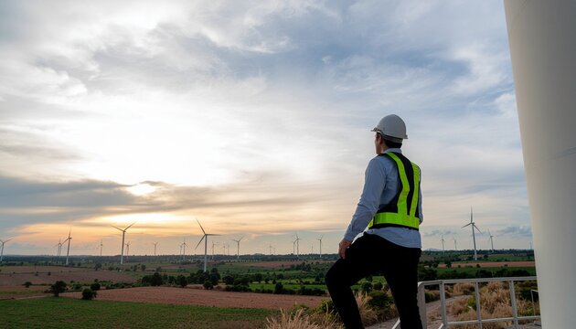 Ing&eacute;nieur de dos surveillant un parc &eacute;olien au coucher du soleil