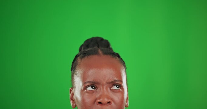 Eyes, thinking and choice with a woman on a green background in studio considering her options. Head, idea and decision with an african female contemplating a thought or selection on mockup space