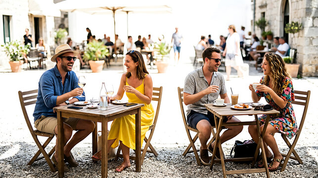 Friends chatting at outdoor cafe tables with food and drinks, street cafe