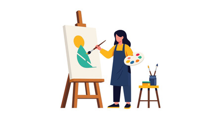 Fototapeta premium Female Artist Painting on Canvas in Studio Vector Illustration - Flat Design Concept of Creativity and Artistic Profession