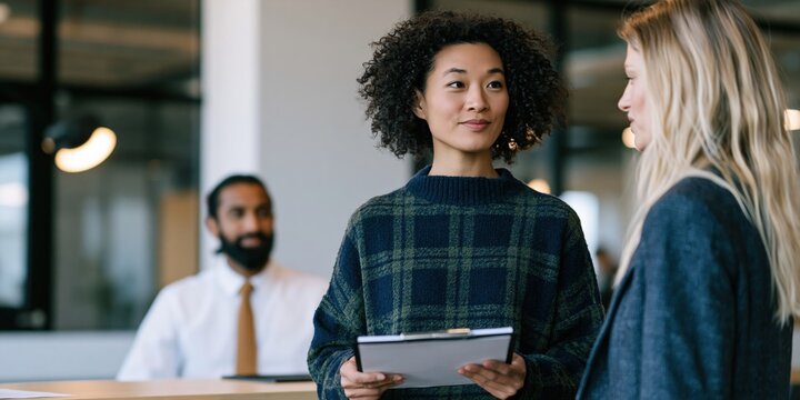 Young woman holding tablet discussing with coworker in office