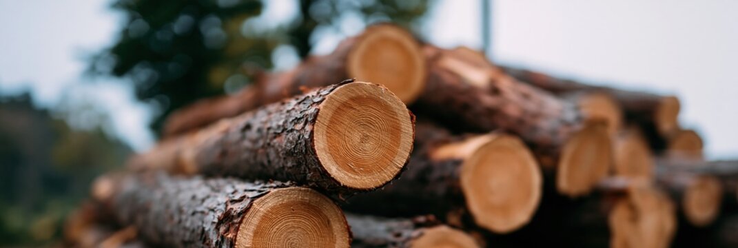 Closeup of stacked log ends in outdoor lumber pile