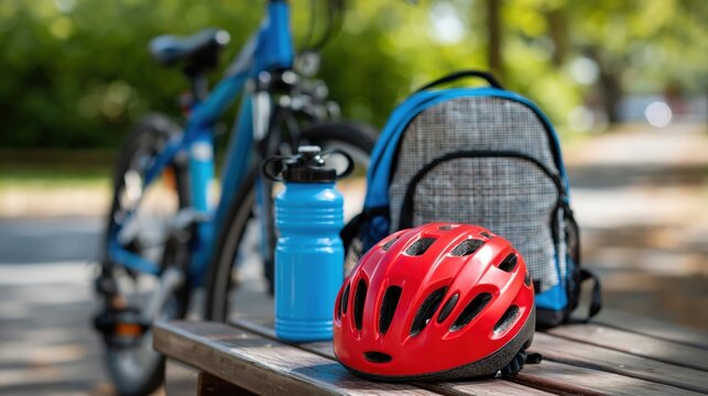 Child bicycle helmet, water bottle, and backpack arranged on park bench