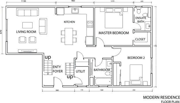 Minimalist Home Apartment Layout Illustration - Technical Drawing of Living Room Kitchen and Bedrooms.