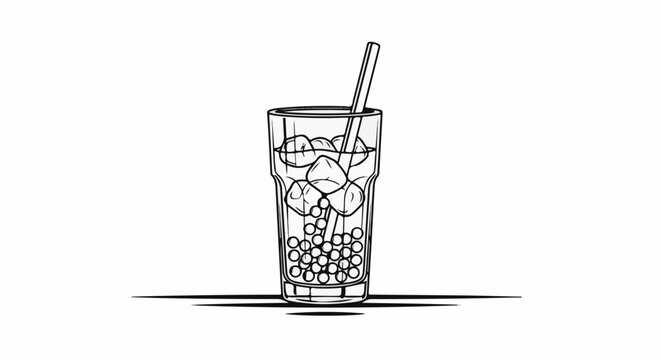 A sketched beverage with ice cubes and tapioca pearls