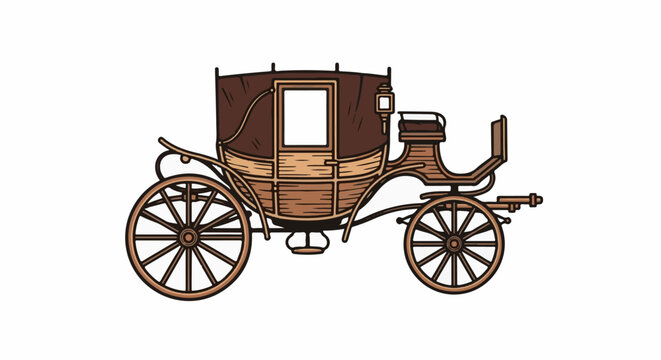 An old-fashioned carriage with large spoked wheels, a covered passenger area, and an open rear seat