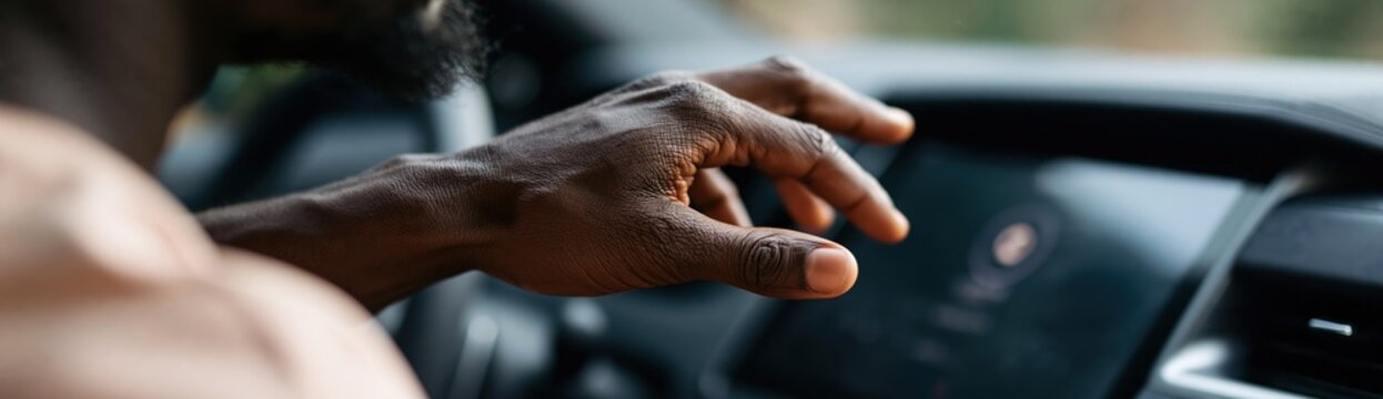 Male driver hand reaching toward dashboard inside car cabin