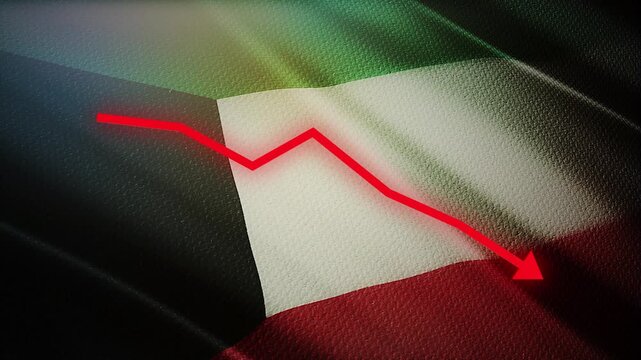 Kuwait Flag with Red Financial Graph Chart &ndash; Economic Decline, Oil Market Crisis and Inflation Concept
